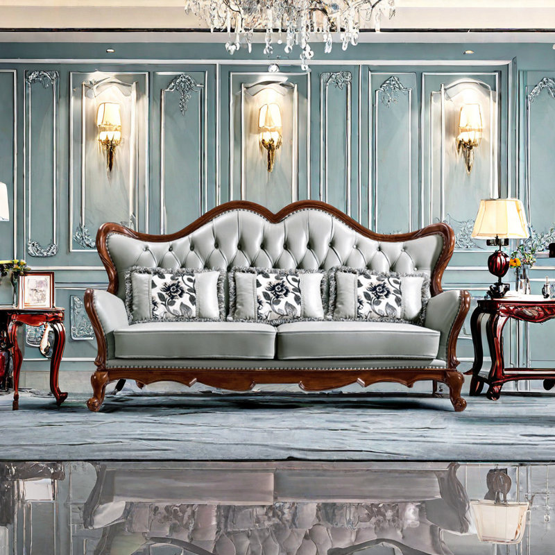 European Style Leather Solid Wood Sofa 82.6 Upholstered Sofa